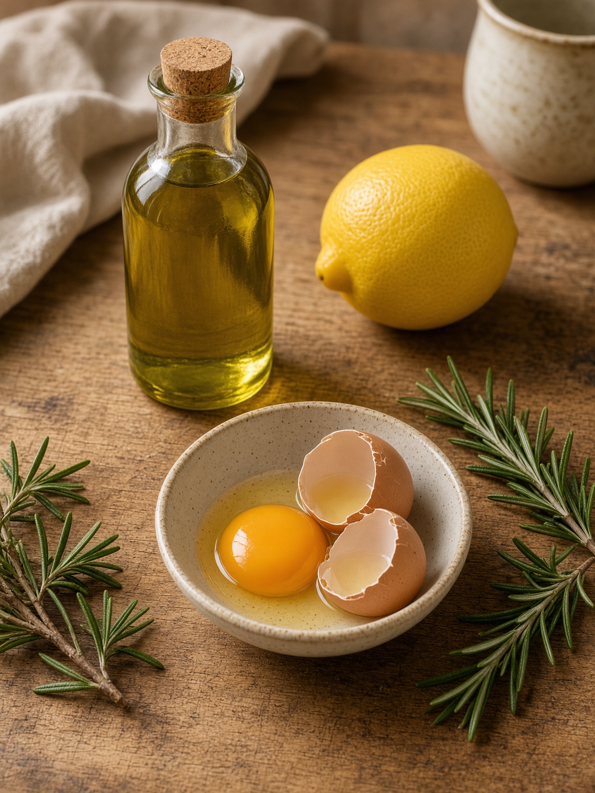 Olive oil, lemon, rosemary, and an egg in a ceramic bowl