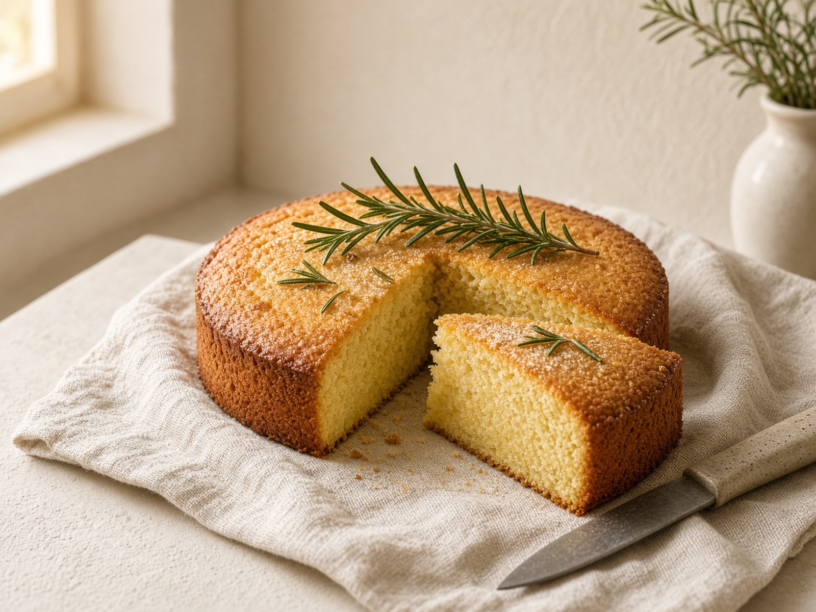 A wedge of rosemary olive oil cake with a moist yellow crumb