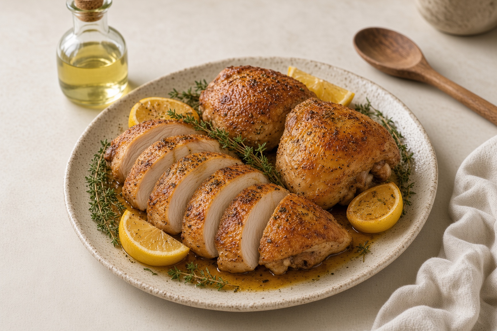 Carved roast chicken with lemon, thyme, and pan juices