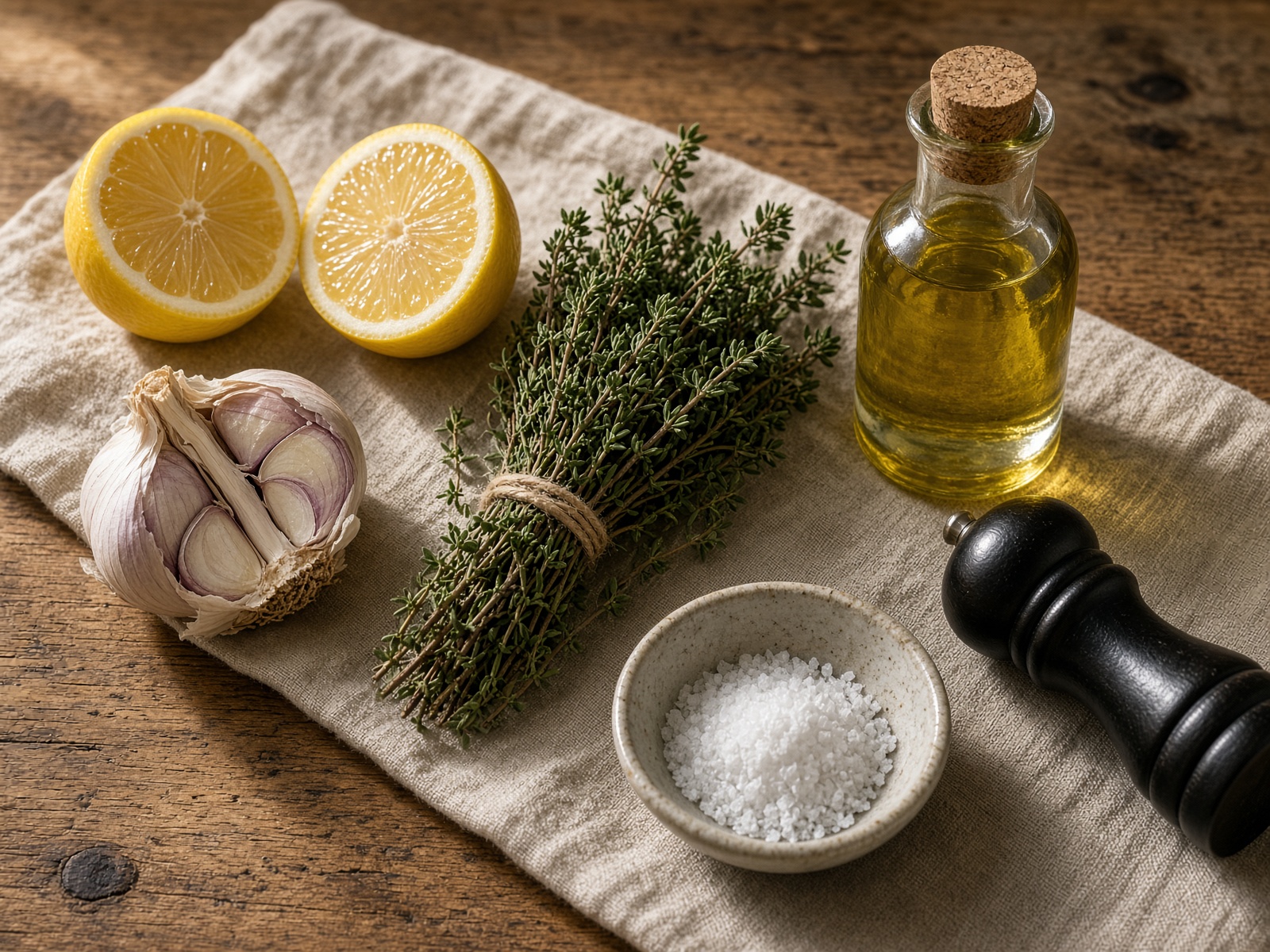 Lemons, garlic, thyme, olive oil, and salt on linen
